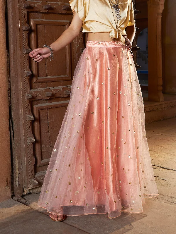 Geometric Dresses for Modern -Lyush Women Peach Tulle Sequin Anarkali Skirt