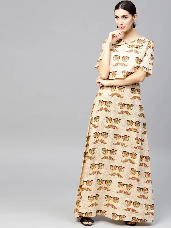 Low-waisted Dresses for Relaxed -NOZ2TOZ Beige Printed Peter Pan Collar Blouse With Floor Length Flared Ion Skirt