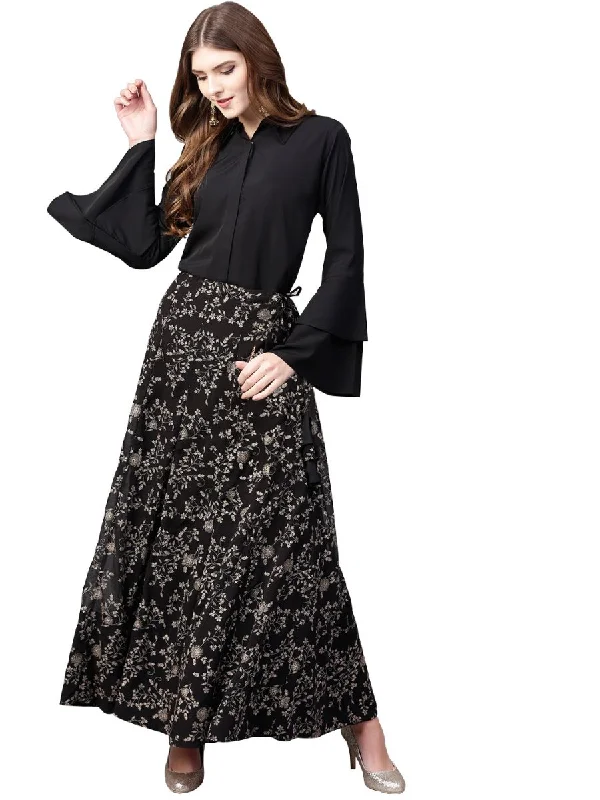 Short-sleeved Dresses for Summer -Ahalyaa Indowestern Black Shirt With Skirt Set