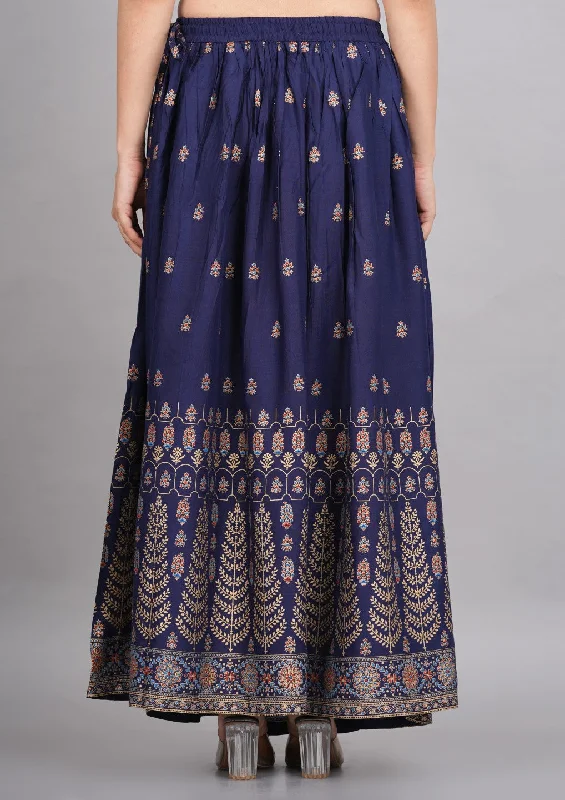 Khaki Dresses for Casual -House of RP Women's Blue Rayon Ethnic Printed Circular Skirt