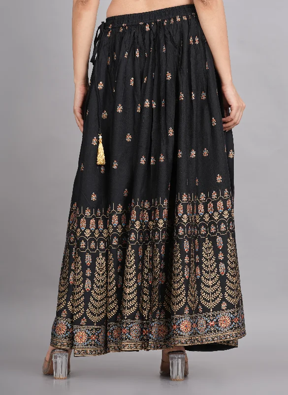 Vintage Dresses for Nostalgia -House of RP Women's Black & Golden Rayon Ethnic Printed Circular Skirt