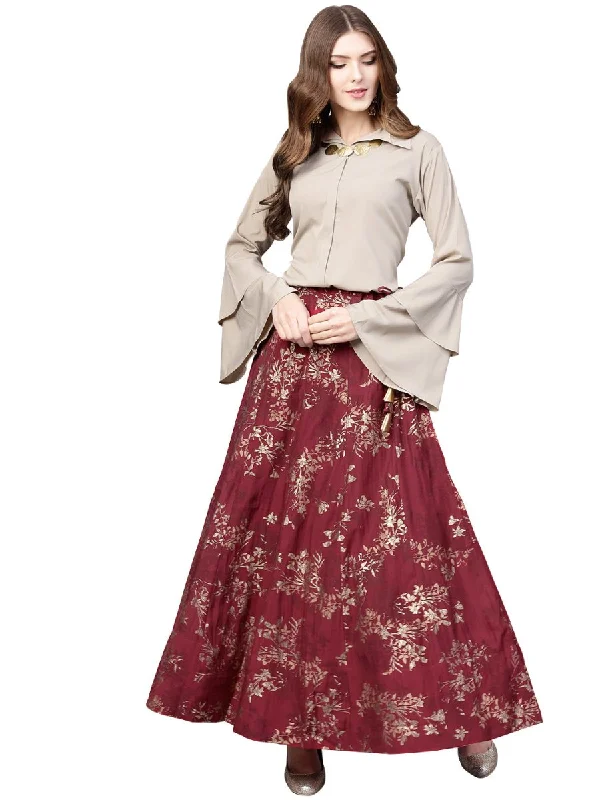 Formal Dresses for Occasions -Ahalyaa Indowestern Beige & Maroon Shirt With Skirt Set