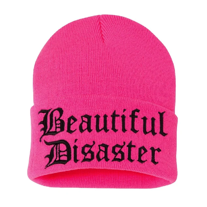 Washed cap with soft vintage feel -Beautiful Disaster Embroidered Beanie - Neon Pink