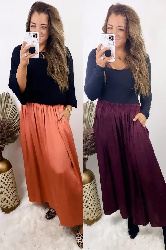 Cotton Dresses for Comfort -Side Hustle- {Burgundy & Salmon} Maxi Skirt w/ Side Slits & Pockets