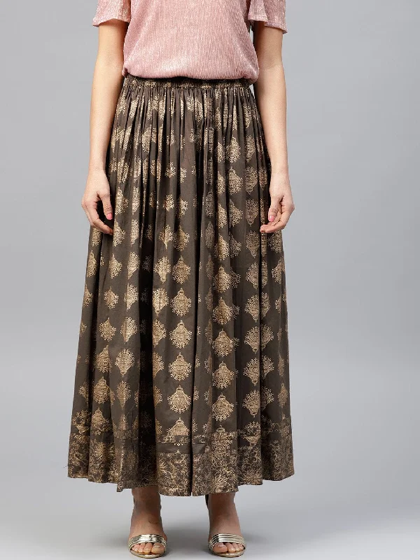 A-line Dresses for Flattering -NOZ2TOZ Mud Brown Printed Flared Ankle Length Skirt