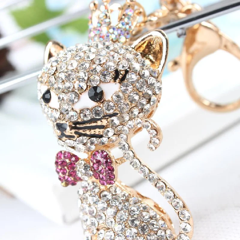 Women's bags with chic, modern design and refined leather finish for luxurious look-Women's Crown Cat Rhinestone Crystal Charm Purse Bag Pendant Key Chain