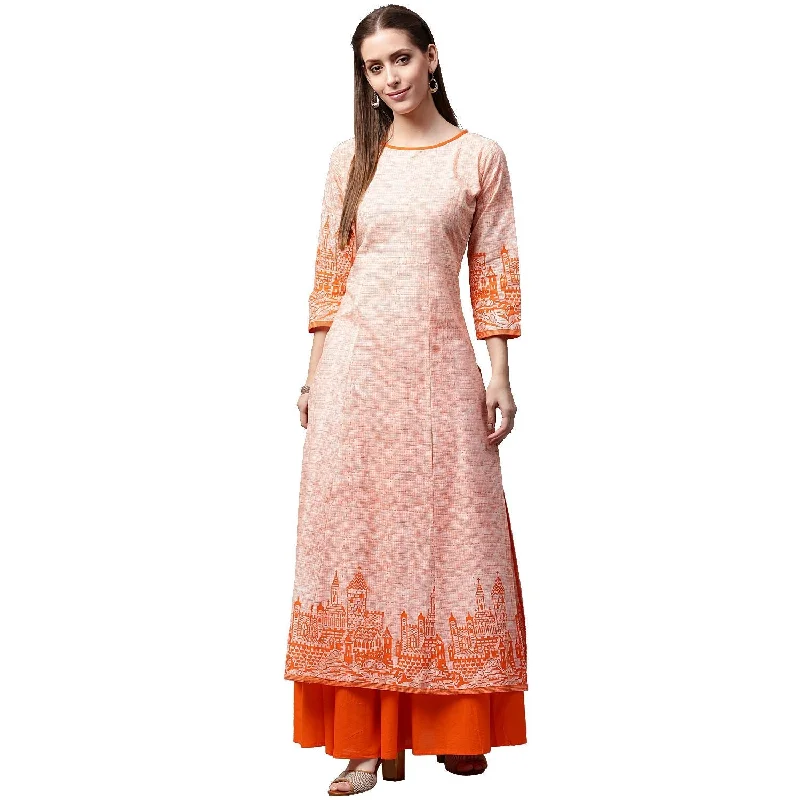 Elastic Dresses for Fit -NOZ2TOZ Peach Printed 3/4Th Sleeve Cotton A-Line Kurta With Orange Skirt