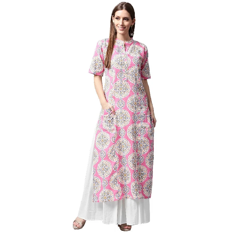 Belted Dresses for Shaping -NOZ2TOZ Pink Printed Half Sleeve Cotton A-Line Kurta With White Skirt