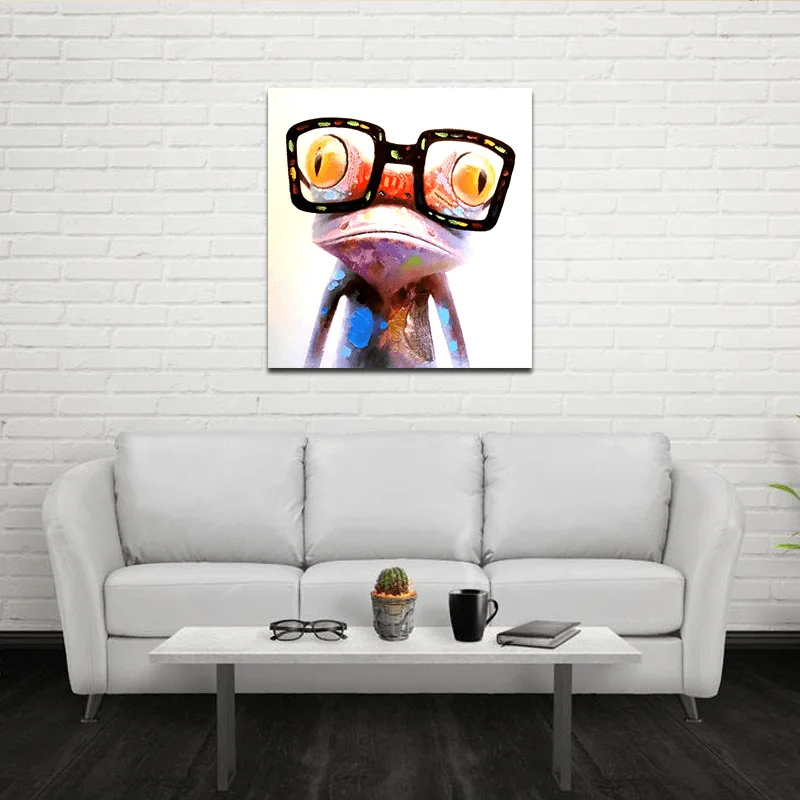 Studded Glasses for Edgy Style -Miico Hand Painted Oil Paintings Animal Modern Art Happy Frog with Glasses on Canvas Wall Art for Home Decoration 20X20Cm