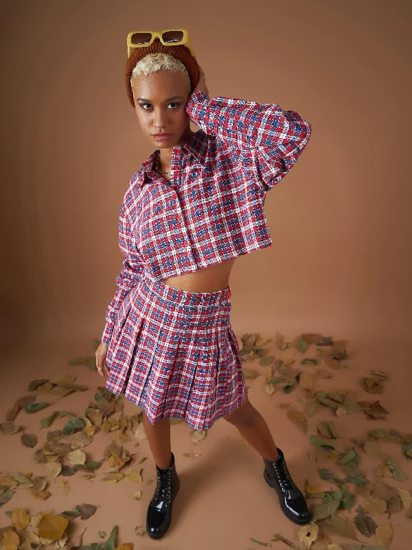 Printed Dresses with Patterns -Lyush Women Red Yarndyed Check Crop Shirt With Mini Skirt