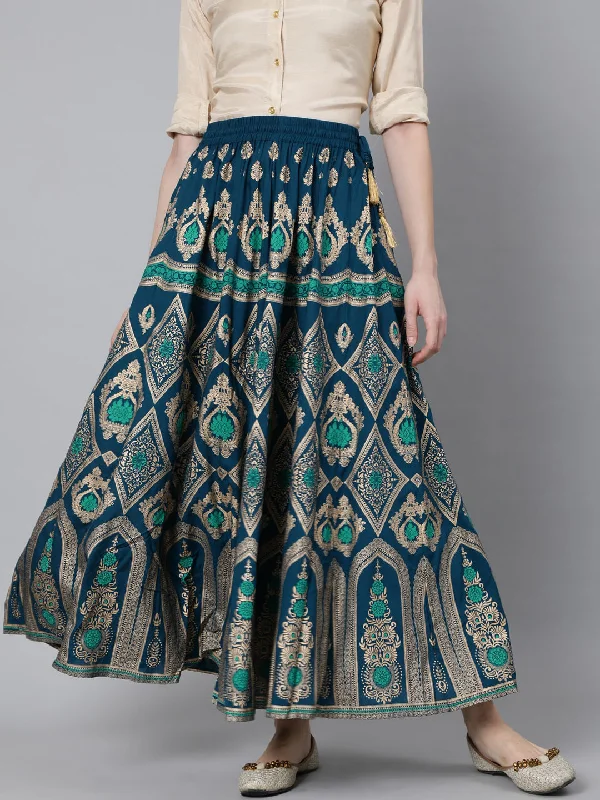 Cotton Dresses for Comfort -Jaipur Kurti Women Turquoise Blue & Gold-Coloured Printed Maxi-Length Skirt