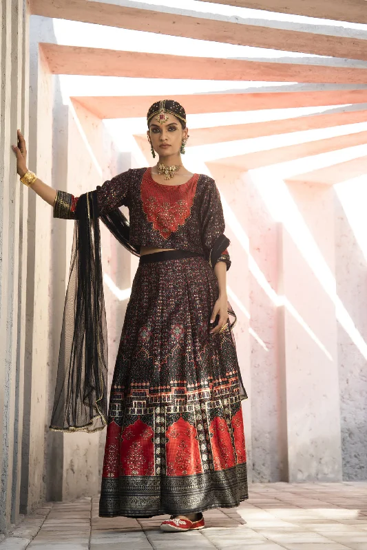 One-shoulder Dresses for Trendy -Juniper Black Dull Satin Festive Printed Crop Choli-Skirt Dupatta For Women