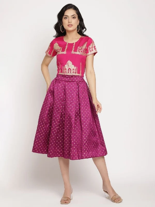 Birthday Dresses for Celebration -Ahalyaa Women's Pink Poly Silk Gold Foil Print Top With Skirt