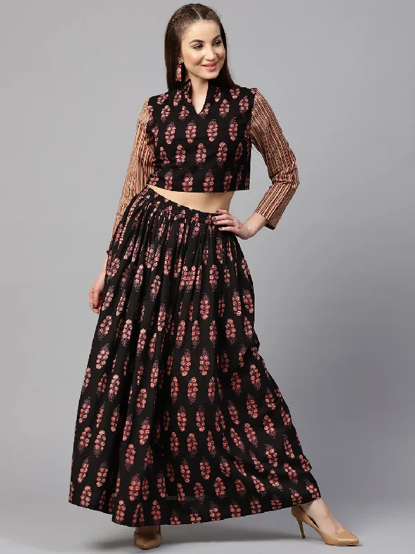 Polyester Dresses for Durable -NOZ2TOZ Black Printed 3/4Th Sleeve Blouse With Black Printed Flared Skirt