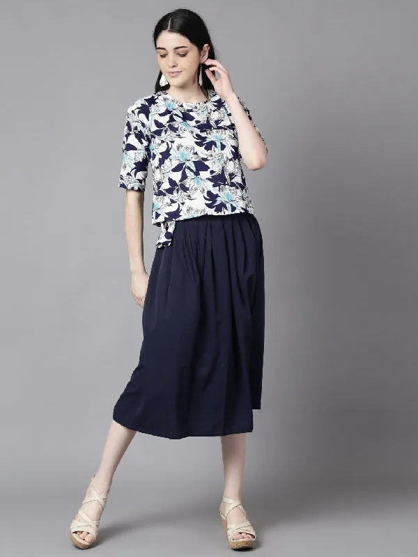 Belted Dresses for Shaping -NOZ2TOZ Women Navy Blue Slip-On Polyester Short Sleeves Skirt and Top Set