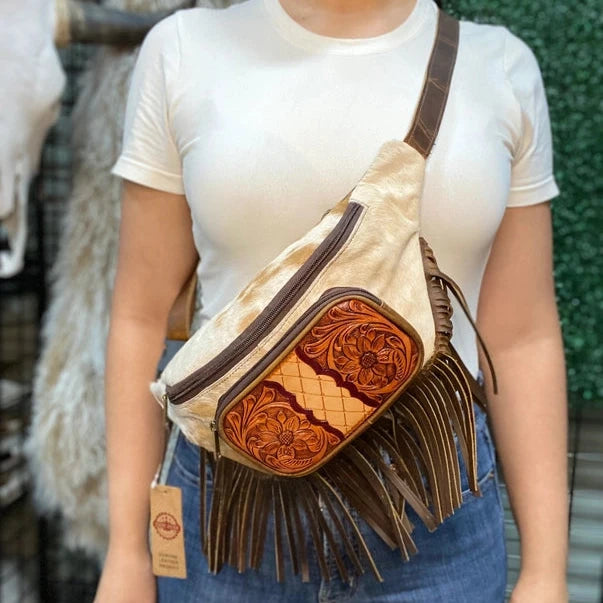 Elegant women's bags with chain straps and polished hardware for a refined look-Tooled Cowhide Fringe Leather Sling Bag in Brown