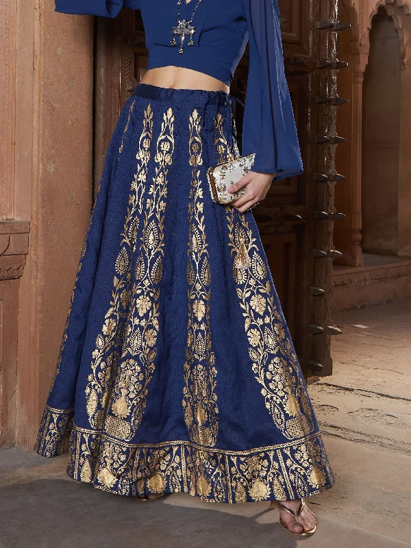 Cocktail Dresses for Party Time -Lyush Women Navy Floral Foil Print Anarkali Skirt