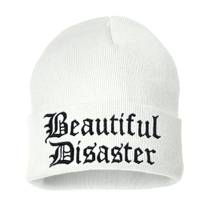 Lightweight sports cap with UV protection -Beautiful Disaster Embroidered Beanie - White