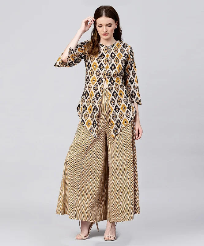 Linen Dresses for Breathable -NOZ2TOZ Yellow Printed 3/4Th Sleeve Cotton Assymetric Tops With Striped Flared Skirt