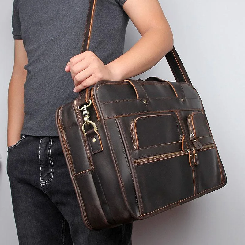 Women's bags with leather trim and canvas material for a casual yet stylish look-Vintage Casual Men's Solid Genuine Leather Laptop Travel 17" Briefcase Bag