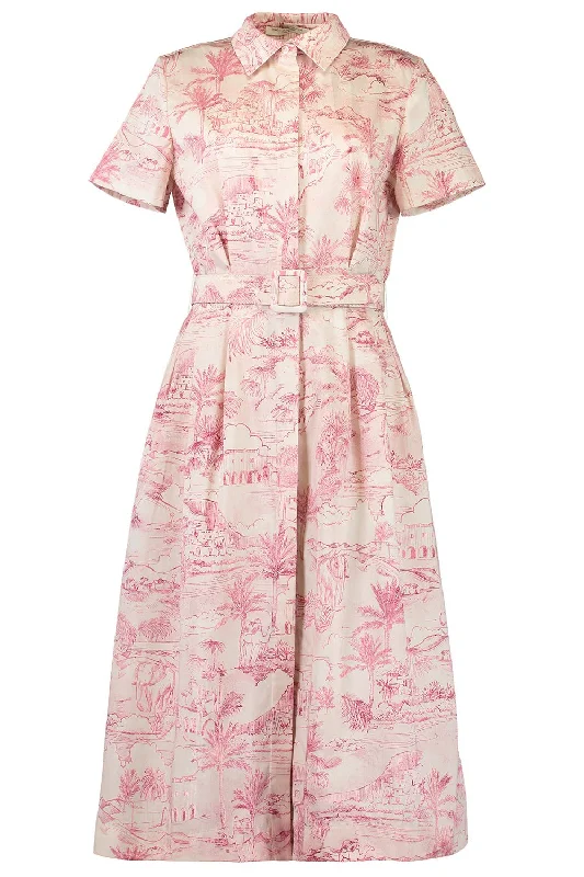 Pink Dresses for Feminine -Printed Waist Belt Dress