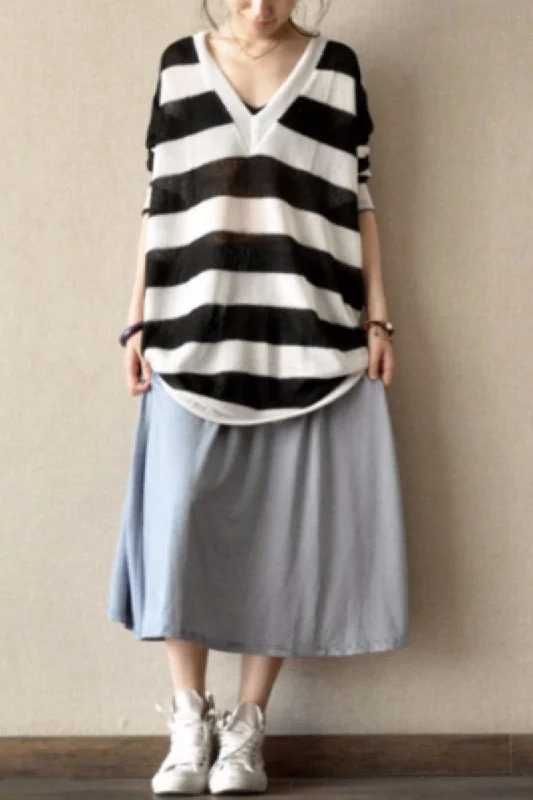 Mini Dresses for Youthful Look -Blue Pinstripe Cotton A-Style Skirt Casual Women Clothes L0029