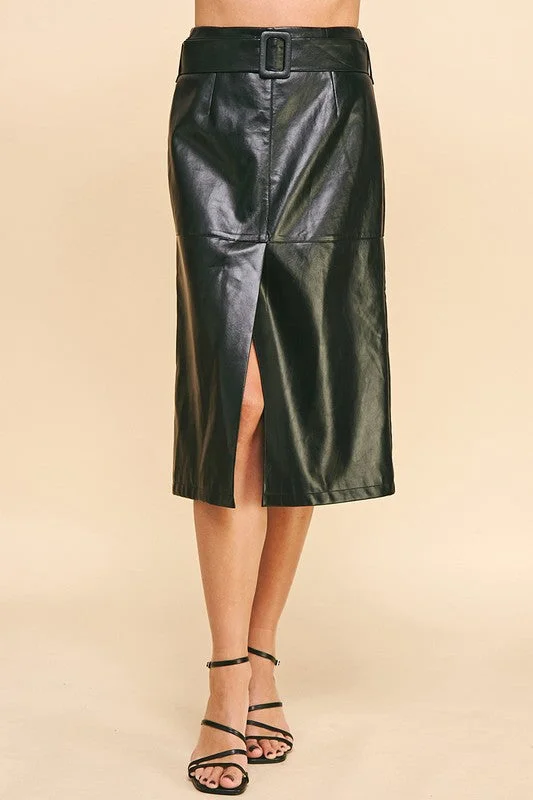 Green Dresses for Nature -Belted Leather Midi Skirt