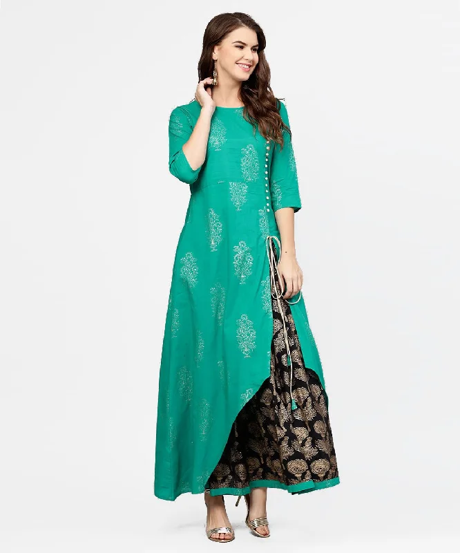 Punk Dresses with Spikes -NOZ2TOZ Green 3/4Th Sleeve Cotton Asymmetric Kurta With Black Printed Skirt