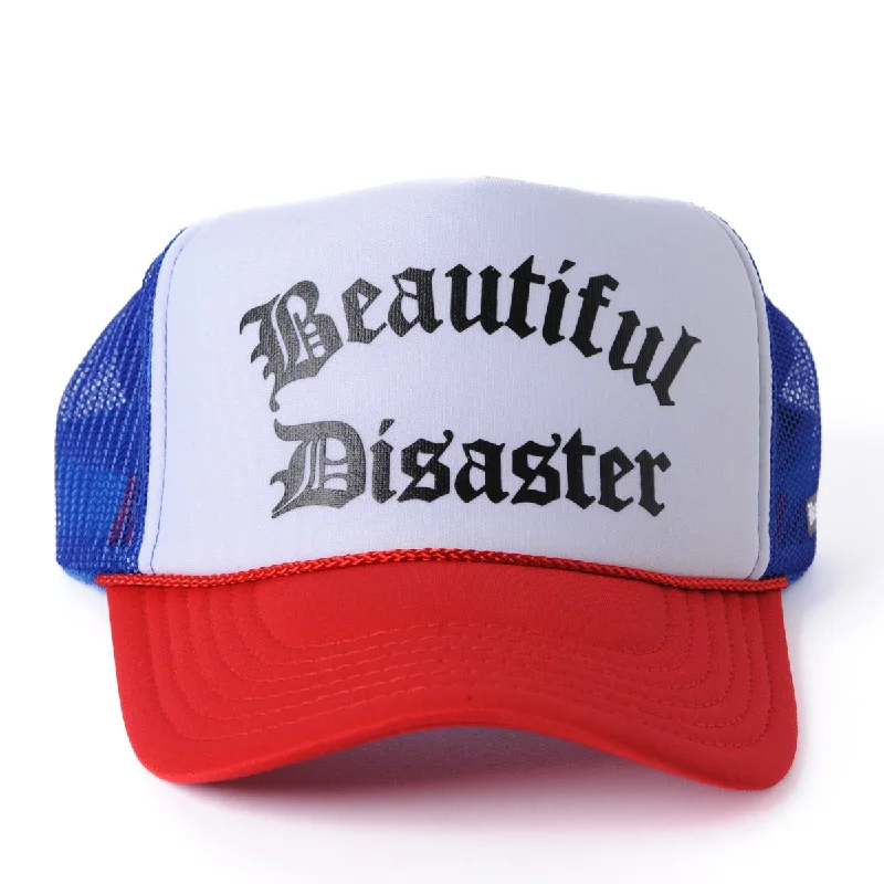 Sports team cap for game day support -Beautiful Disaster Trucker Hat - Red/Wht/Blue