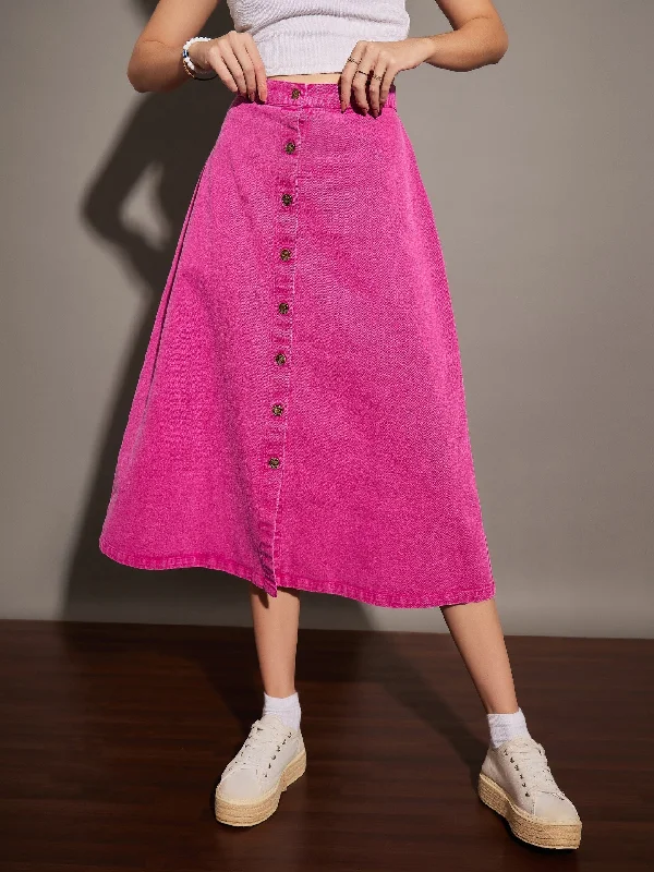 Flared Dresses for Retro -Lyush Women Pink Washed Denim A-Line Skirt