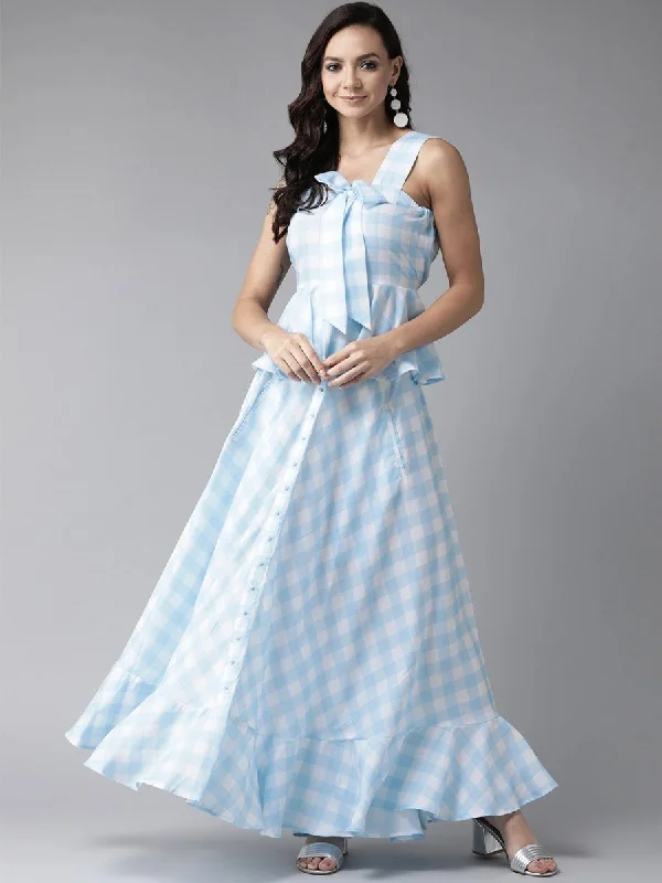 Valentine's Day Dresses for Romance -Ahalyaa Women Blue & White Checked Peplum Top with Skirt