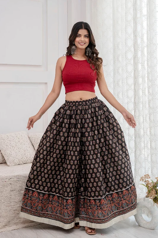 Silk Dresses for Luxurious -Women Black Ethnic Printed Gotta Patti Work Skirt - Rasiya