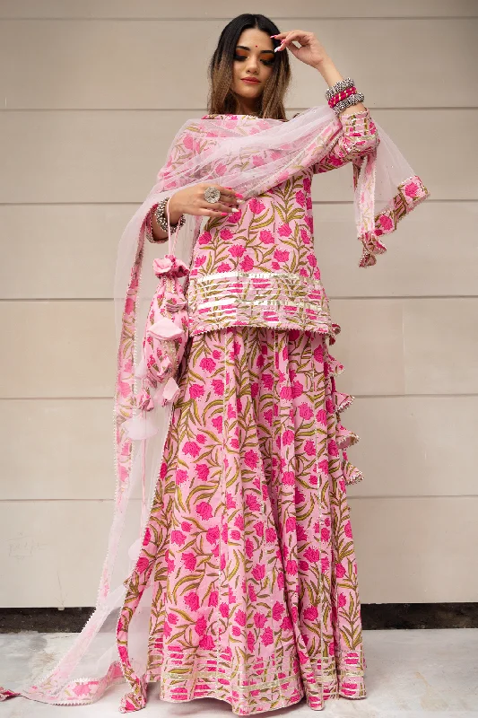 Tiered Dresses for Voluminous -Pomcha Jaipur Tulsi Pink Cotton Hand Block Skirt Set