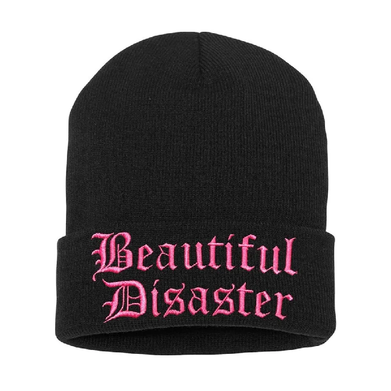 Bright cap for fun festival outfits -Beautiful Disaster Embroidered Beanie - Pink