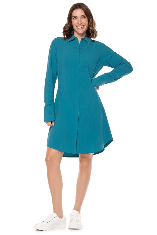 A-line Dresses for Flattering -Women's Malta Travel Shirt Dress | Tahitian Teal Shadow Stripe