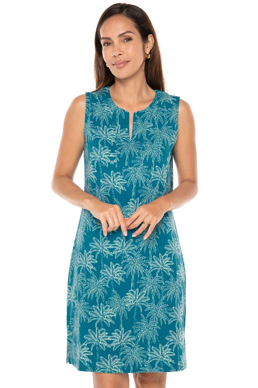 Retro Dresses for Throwback -Women's Oceanside Tank Dress | Tahitian Teal Swaying Palms