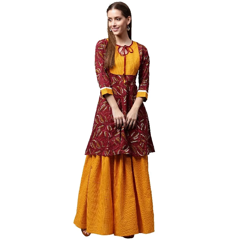 High-waisted Dresses for Flatter -NOZ2TOZ Red Printed 3/4Th Sleeve Cropped Anarkali Kurta With Yellow Printed Skirt