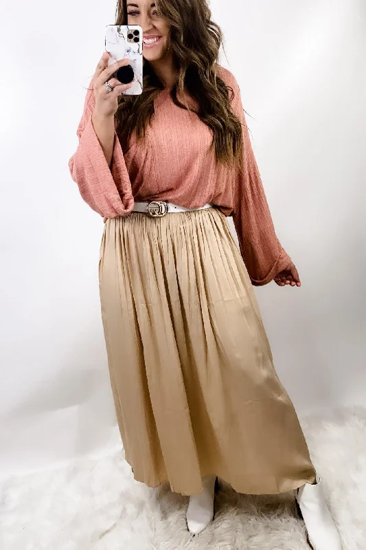 Leather Dresses for Luxury -Side Hustle- Beige Maxi Skirt w/ Side Slits & Pockets