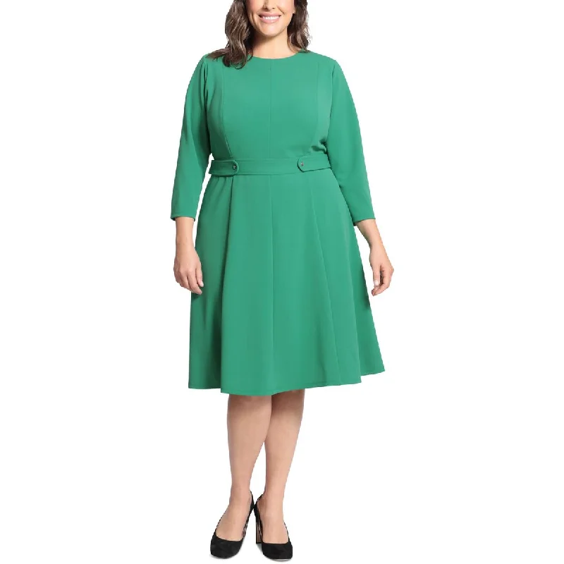 Long-sleeved Dresses for Coverage -London Times Womens Plus Panel Midi Fit & Flare Dress