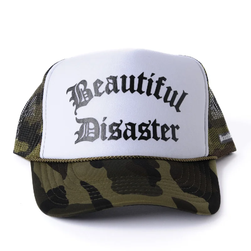 Fitted cap for snug personalized fit -Beautiful Disaster Trucker Hat - White/Camo