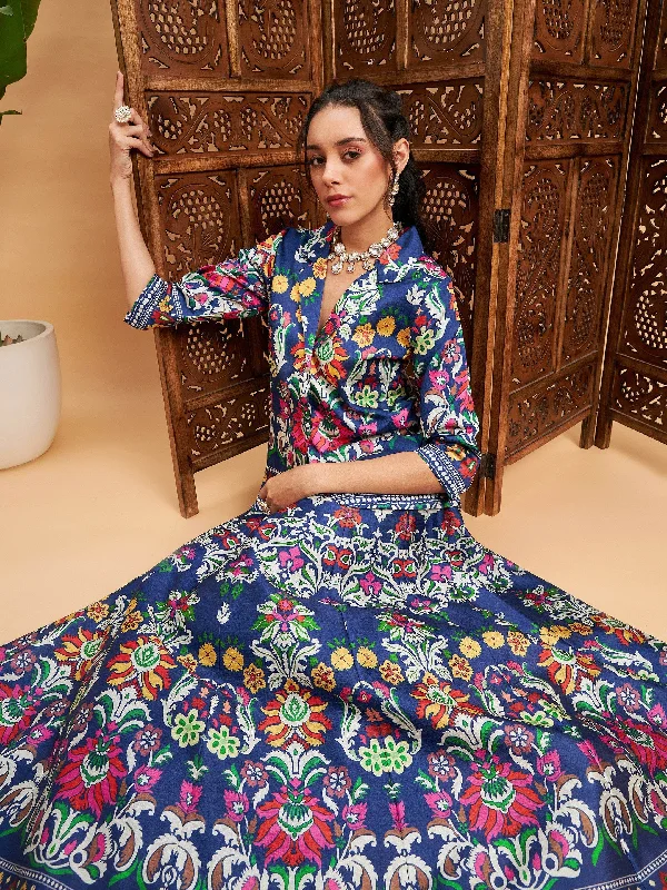 Valentine's Day Dresses for Romance -Lyush Women Navy Floral Anarkali Skirt With Blazer