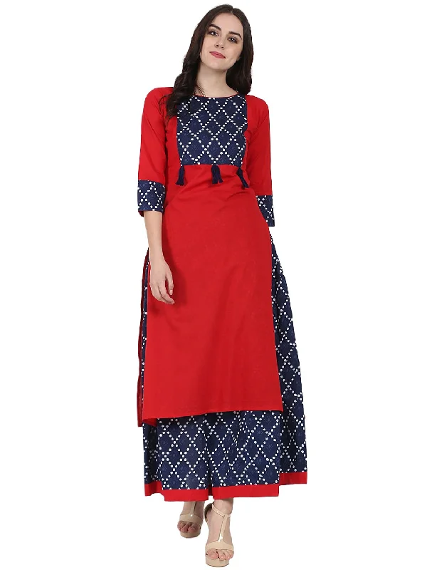 Pencil Dresses for Slimming -NOZ2TOZ Red Printed 3/4Th Sleeve Cotton Kurta With Blue Printed Skirt