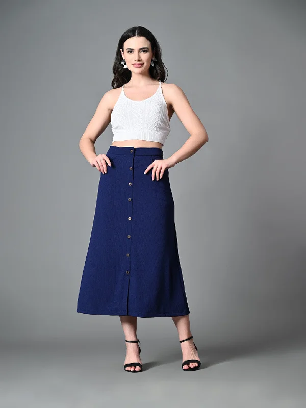 Leather Dresses for Luxury -Myshka Women's Solid Ribbed A-Line Embellished Casual Skirt in Navy Blue Color