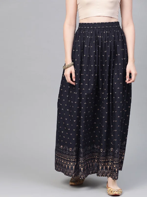 Minimalist Dresses for Simplicity -NOZ2TOZ Navy Blue Gold Printed Ankle Length Flared Skirt