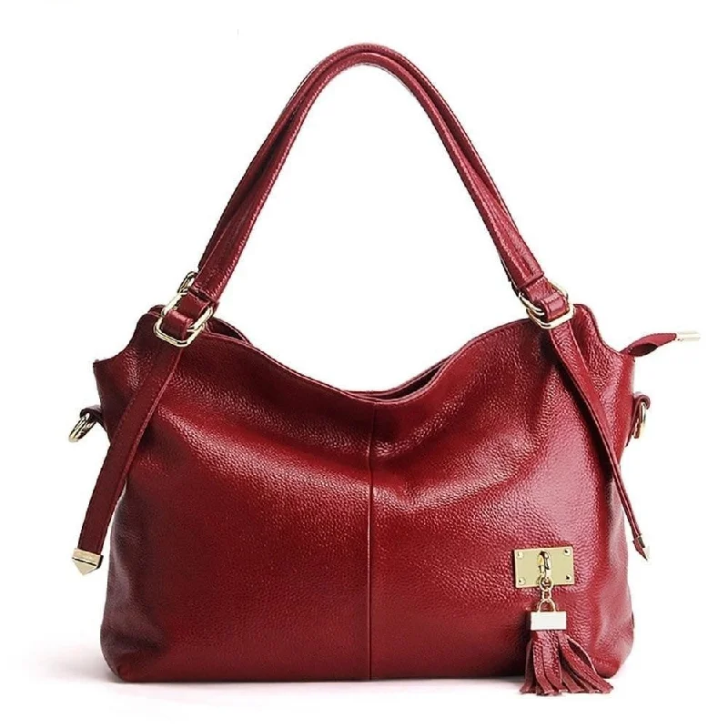 Trendy women's bags with playful pom-pom details and chic material for unique style-Leather Women's Shoulder Bag with Tassels Luxury Burgundy Fashion Tote